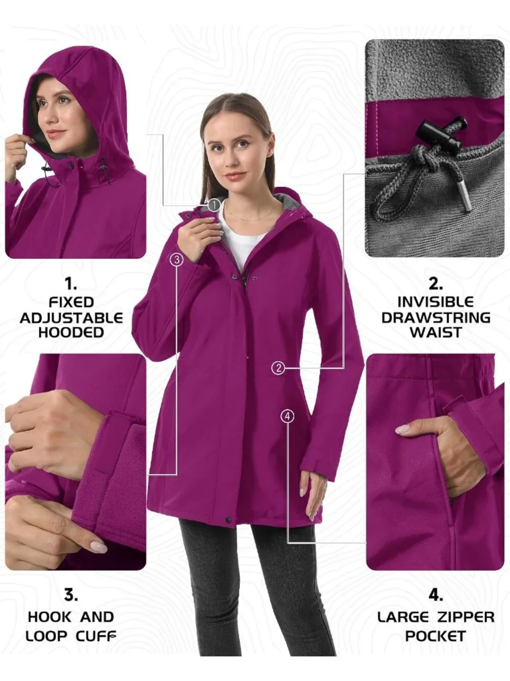Women's Magenta Hooded Fleece Lined Waterproof Hiking Softshell Long Rain Jacket